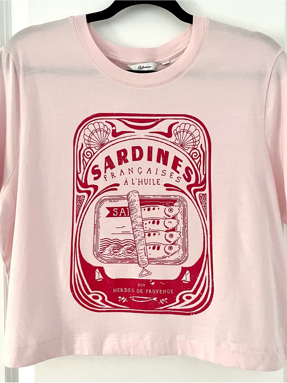 Reitmans Pink Short Sleeve Cropped Tee with Red Sardine Can French Graphic